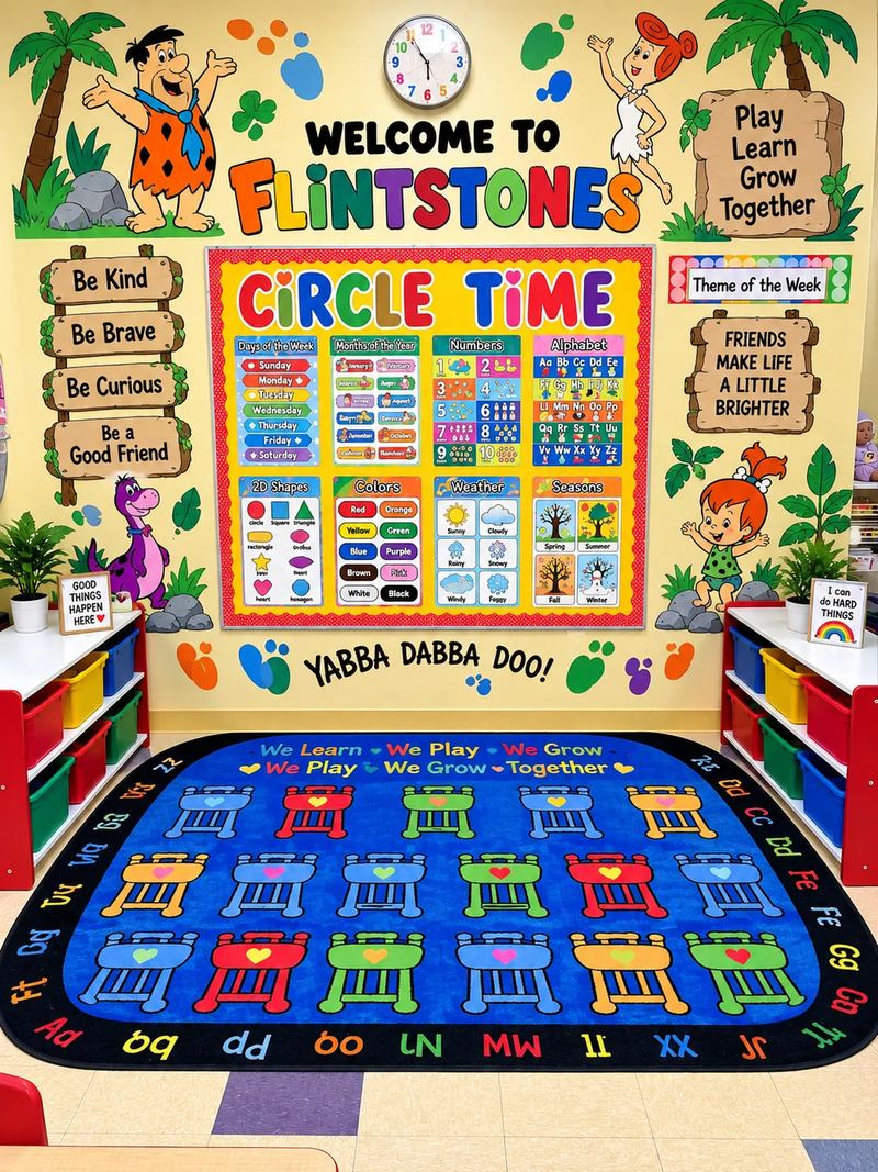 Flintstones classroom circle time wall with charts for days, months, numbers, shapes, colors and seasons