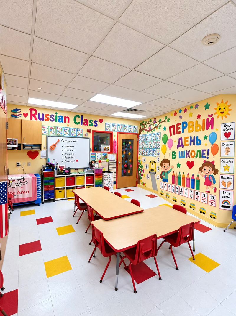 Russian class with a Cyrillic alphabet wall, first day of school display and red group tables