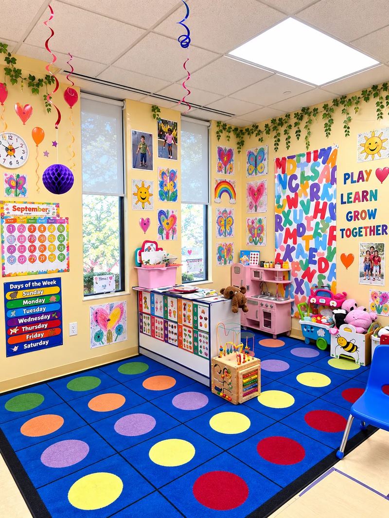 Toddler classroom corner with monthly calendar, play kitchen and a color spot activity rug